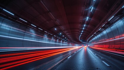 Drive into the future with this dynamic tunnel view, showcasing motion blur and vibrant light trails that evokes speed, technology, and modern infrastructure