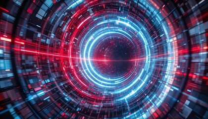 Fototapeta premium Dive into the future with this stunning red and blue cyber tunnel, a dynamic data stream perfect for technology and innovation projects needing a modern edge