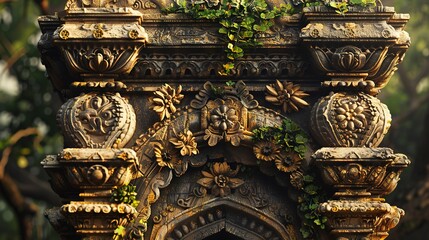 A photo of a carved stone arch with floral