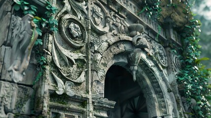 A photo of a carved stone arch with floral