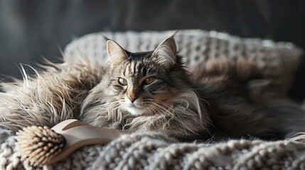 A photo of a cat grooming brush and bed.