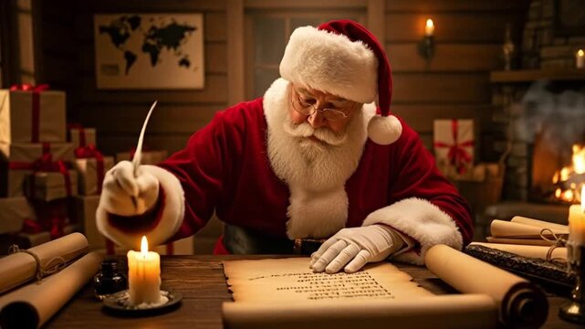 Santa Claus writing Christmas list by candlelight