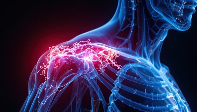 Detailed 3D rendering of shoulder joint inflammation and pain, ideal for medical education and research projects showcasing anatomical issues