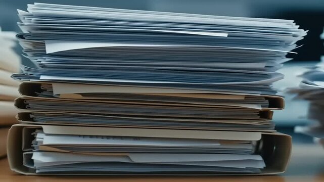 Stacked folders filled with documents on a desk, highlighting organization in a busy office environment