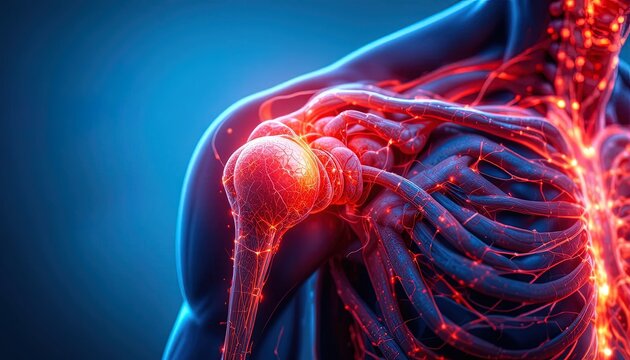 Detailed shoulder anatomy with vibrant nerve pathways offers a modern medical visualization for educational resources and healthcare marketing projects