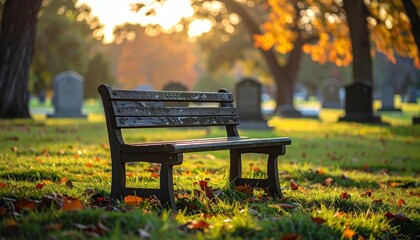 Wooden bench cemetery morning sunlight peaceful, tranquil scene with flowers, gravestones, and soft golden light in a serene memorial park.