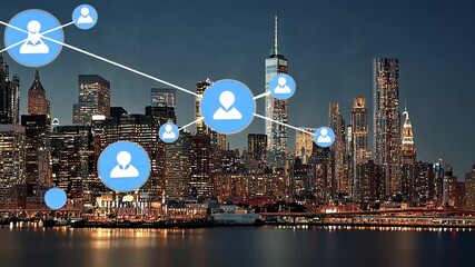 Nighttime city skyline with digital network connections between people, showcasing urban connectivity - Powered by Adobe