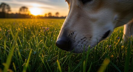 Dogs Nose in Grass at Sunset - A Close-Up View.