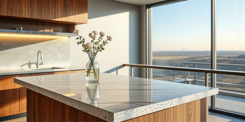 Modern Kitchen Interior with View and Flower Vase
