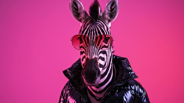 Zebra head wearing sunglasses in pink studio