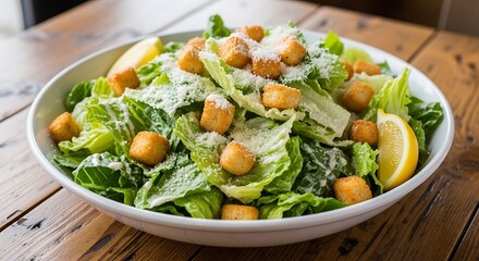 Delicious Caesar Salad with Croutons and Lemon Wedge.