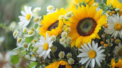 A photo of a cheerful bouquet with sunflowers