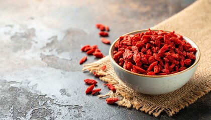 Dried goji berries wooden bowl rustic background, healthy antioxidant snack, superfood rich in vitamins used in smoothies, cereals, teas, and desserts.