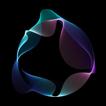 Abstract vector round shape of wavy lines flowing smooth curve colorful spectrum light on black background in concept of technology, science, music, modern.