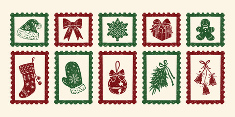 Textured Christmas postage stamps set with Santa hat, mitten, bow, gift box, bells, pine branch, snowflake, and gingerbread man. Vintage holiday collection for festive decoration and design