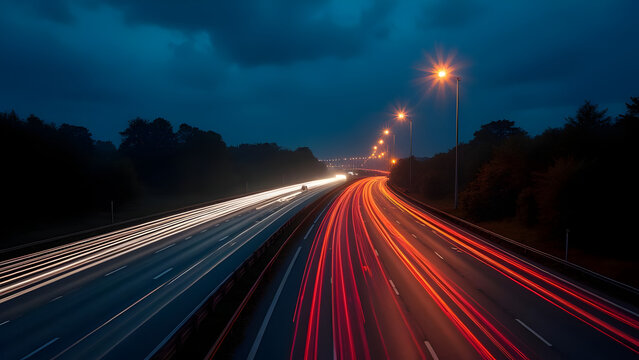 Long Exposure Shot of Highway Traffic at Night showcasing light trails - Powered by Adobe