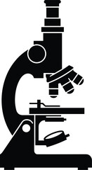 microscope with eyepiece, stage, and curved arm, side profile, solid black silhouette