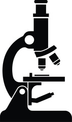 microscope with eyepiece, stage, and curved arm, side profile, solid black silhouette
