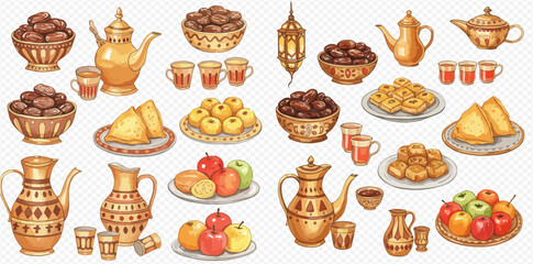 A vibrant collection of traditional Middle Eastern food and drink items, including dates, sweets, fruits, and ornate teapots with cups, set against a light background.