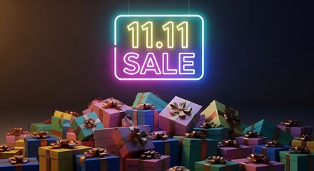 A pile of colorful gift boxes with ribbons under a neon sign that reads eleven eleven sale