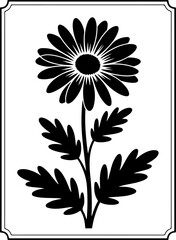 Single blooming daisy flower silhouette with detailed petals and layered leaves on a tall stem