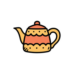 Orange and Yellow Teapot Doodle With Red Lid and Decorative Pattern On A Transparent Background