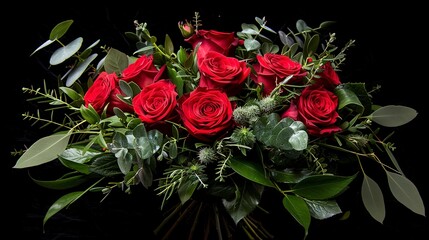 A photo of a classic bouquet with red roses