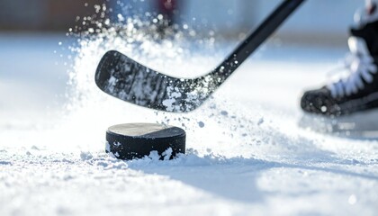 Ice hockey puck stick action creates dynamic snow spray during a fast-paced game on an outdoor rink in bright sunlight.
