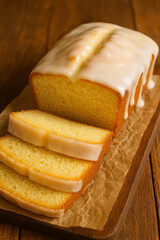 Homemade Lemon Pound Cake with Sugar Glaze on Wooden Table