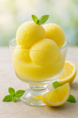 Refreshing Lemon Sorbet in Glass Dessert Cup with Mint and Lemon Slice