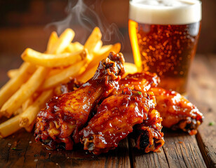 BBQ Chicken Wings with French Fries and Dark Beer on Rustic Table