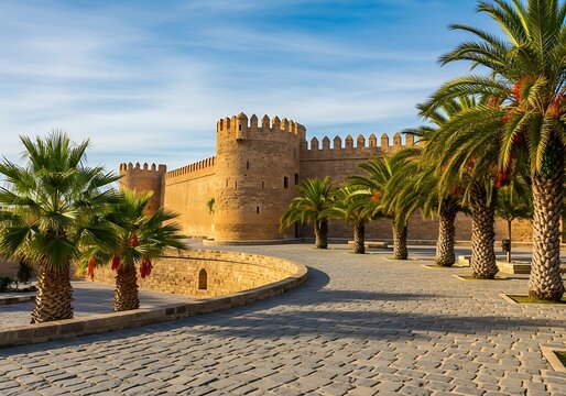 Ribat of Sousse - A Historic Fortress in Tunisia with Palm Trees.