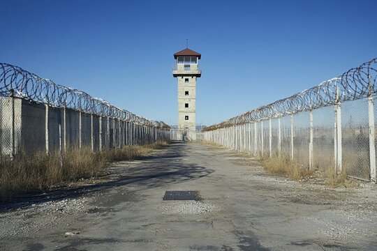 Abandoned prison complex with a watchtower under a clear blue sky