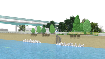 アニメーションの背景に使える PNG素材『青い海の見える公園』空は透明ですのでご自由にどうぞ