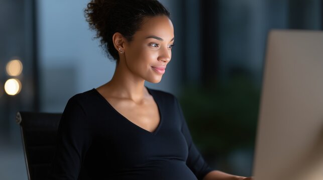 Pregnant Black professional woman working at modern office desk during normal business day showcasing workplace maternity balance and career dedication for working mother lifestyle concept.