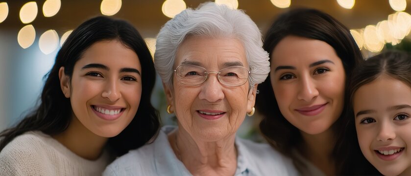 Hispanic multigenerational family celebrating grandmother's 80th birthday milestone with homemade decorations showing four generations together for senior celebration and family unity concept. - Powered by Adobe