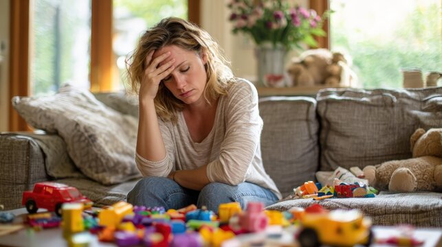 Overwhelmed exhausted mother sitting on couch with hand on forehead surrounded by scattered toys in messy living room experiencing parental stress burnout and headache needing support.