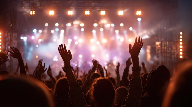 Young adults dancing with raised hands at outdoor summer music festival with colorful stage lights creating exciting nightlife atmosphere for entertainment celebration and live concert event. - Powered by Adobe