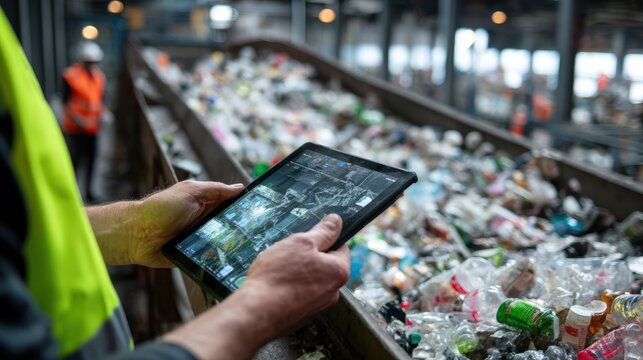 Industrial worker using digital tablet to monitor and control automated plastic sorting process at modern recycling facility representing technology integration in sustainable waste management.