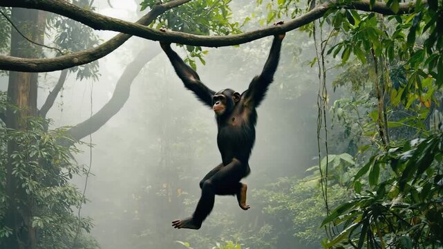 Kletternder Schimpanse in freier Wildbahn &ndash; Intelligenter Menschenaffe in Aktion