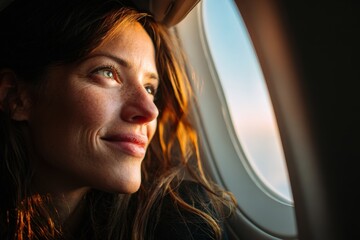 Joyful traveler gazing out airplane window with happy expression during eco friendly sustainable flight representing future aviation innovation and responsible green travel tourism experience