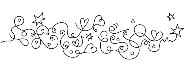 Continuous Line Doodle Swirl Border, Hand-Drawn Decorative Divider with Hearts and Stars. Whimsical love and magic vector design.