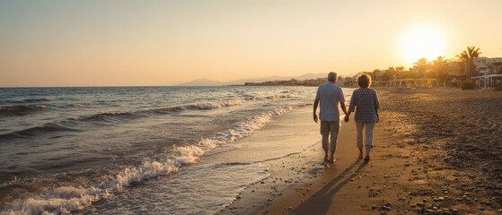 Senior couple enjoying romantic sunset beach walk holding hands with peaceful atmosphere representing mature love elderly romance retirement leisure and summer vacation travel destination concept.