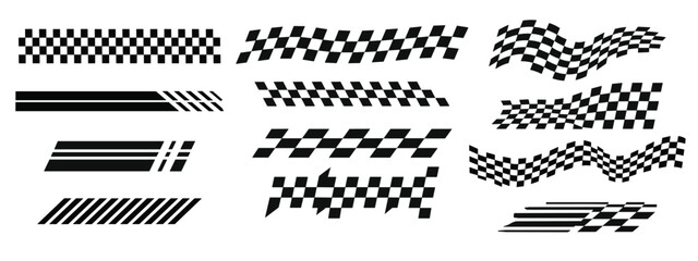 Obraz premium Racing Flag and Finish Line Vector Set. Collection of checkered patterns, speed stripes, and motion graphic elements. Motorsport and automotive design asset for car decals.