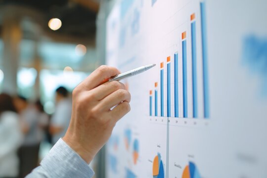 Researcher pointing at bar graph showing SAF sustainable aviation fuel efficiency results during educational seminar. Clean energy innovation academic research and environmental technology concept.