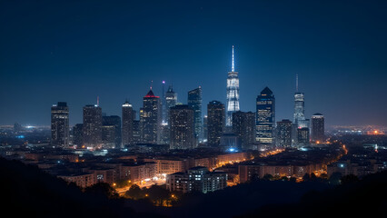 Obraz premium Panoramic view of the city skyline illuminated at night creating a vibrant urban scene