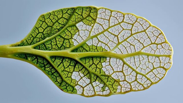 Leaf vein structure close up microscope revealing detailed green translucent patterns with natural texture and light plant nature