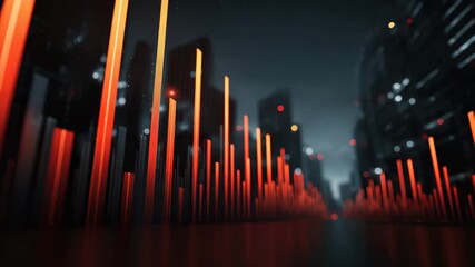 Abstract digital cityscape with glowing orange vertical bars resembling skyscrapers at night, creating futuristic vibrant atmosphere and dynamic energy in dark urban environment - Powered by Adobe