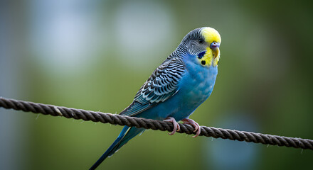 Fototapeta premium Colorful budgerigar perched on a rope against a blurred background 