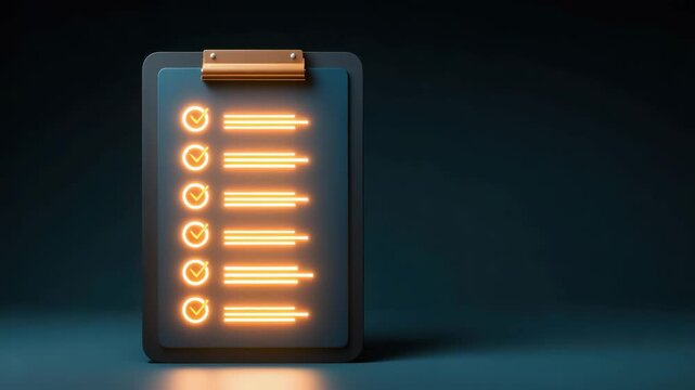 Checklist with glowing neon orange check marks and icons clipboard, illuminated task list for productivity and organization, futuristic dark background concept of completed tasks and digital to do